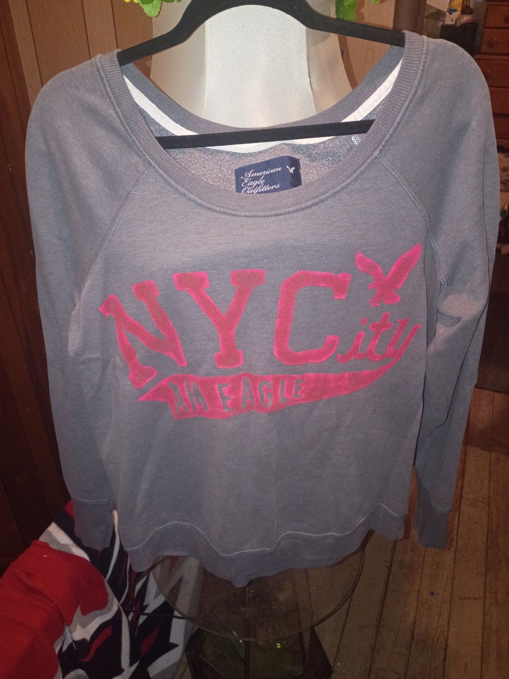 American Eagle Outfitters Gray Scoop Neck Sweatshirt with Pink NYC Graphic